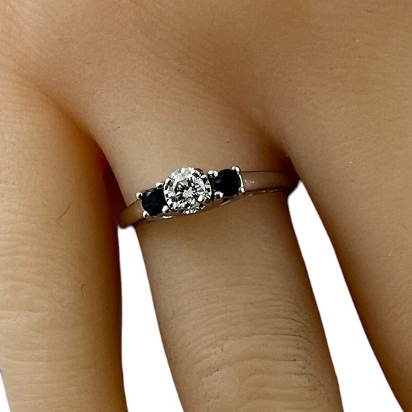 14K White Gold 3 Stone Natural Diamond Lab Created Sapphires Ring #15619 - Picture 3 of 9